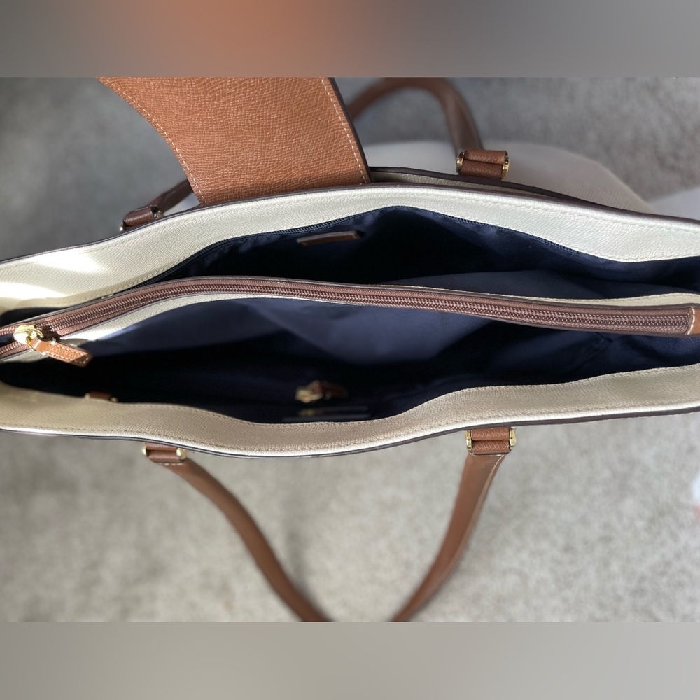 Tumi Cream and Brown Leather-Trim Tote Bag - Picture 7 of 16